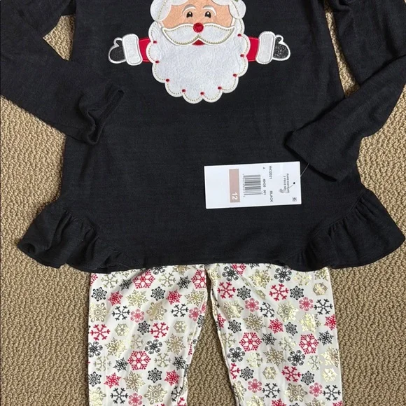 Rare Editions Black Santa Top with Red Bow Accent and snowflake pants - Picture 6 of 10